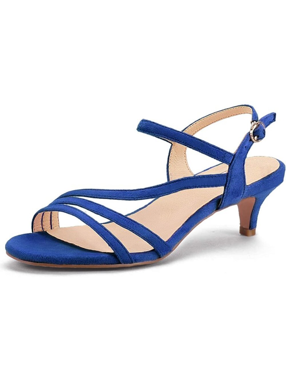 Women's Royal Blue Suede Low Kitten Heel Open Toe Heel Buckle Ankle Strap Sandal
